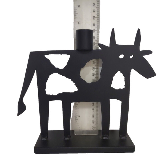 VTG Metal Art Abstract Cow Spots 2 Candle Holders Sculpture Black Far Side HEAVY - Picture 6 of 11